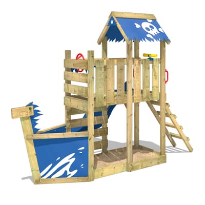 WICKEY Lekställning SpookyFlyer med rutschkana, Lekstugor med sandlåda och klätterstege, blå