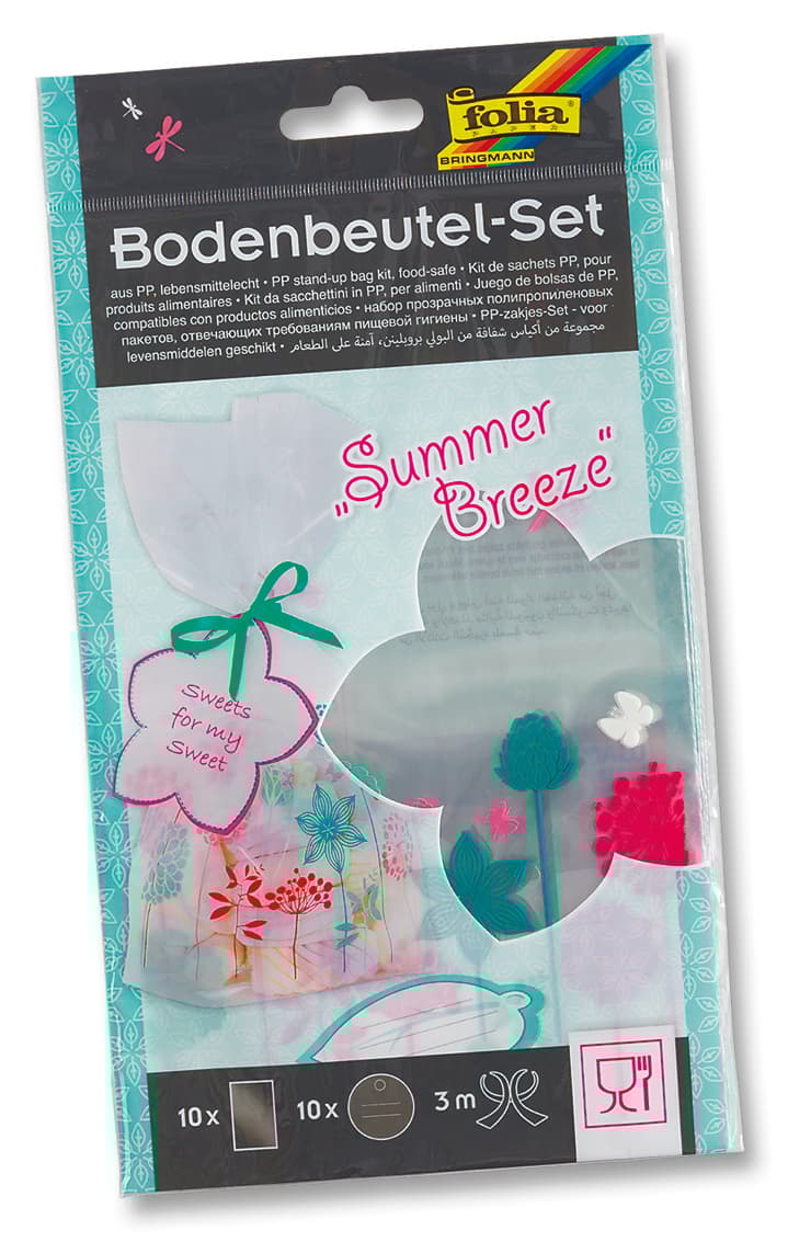 PP uppstående pås set Summer Breeze, 21 delar 10 påsar 145*235mm, 10 adresslappar, 3m satin band