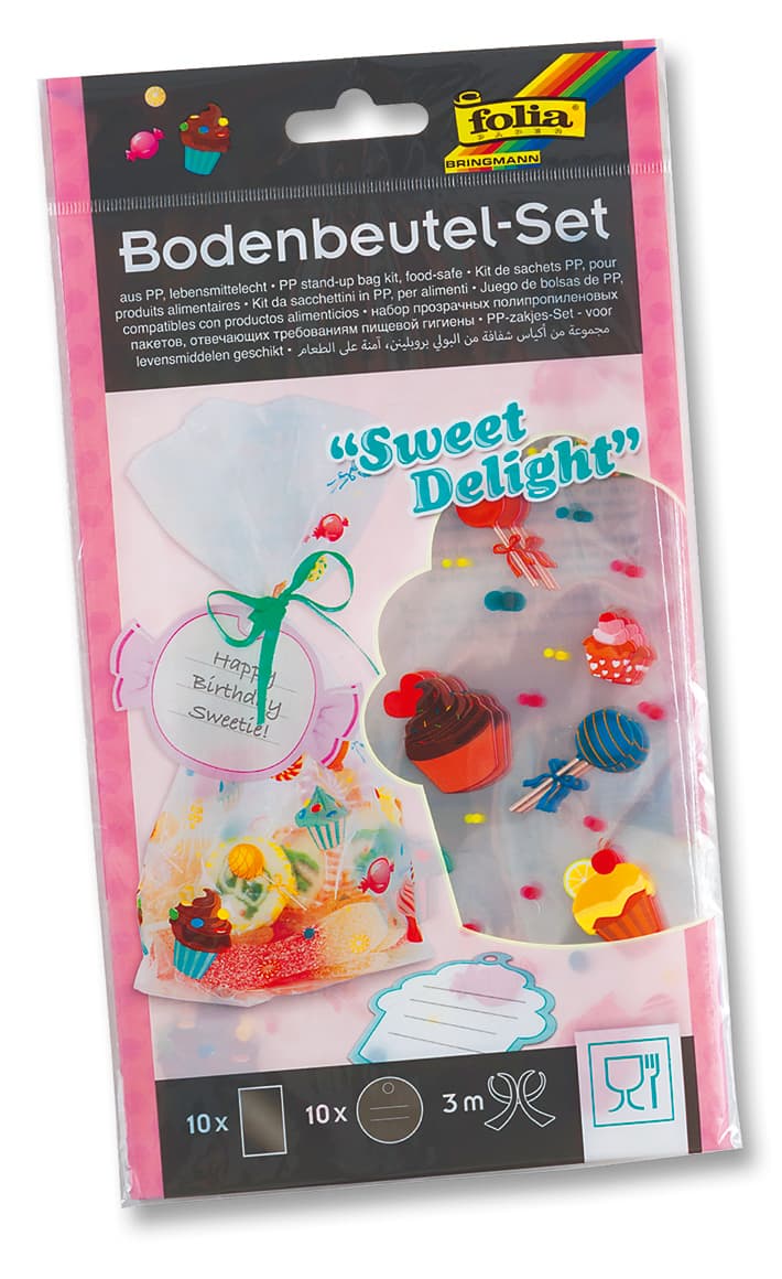 PP uppstående pås set Sweet delifght, 21 delar 10 påsar 145*235mm, 10 adresslappar, 3m satin band