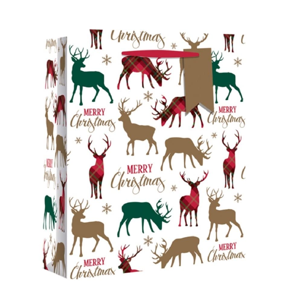 Eurowrap Wide Gusset Christmas Gift Bags with Tartan Stags Design (Pack of 12)