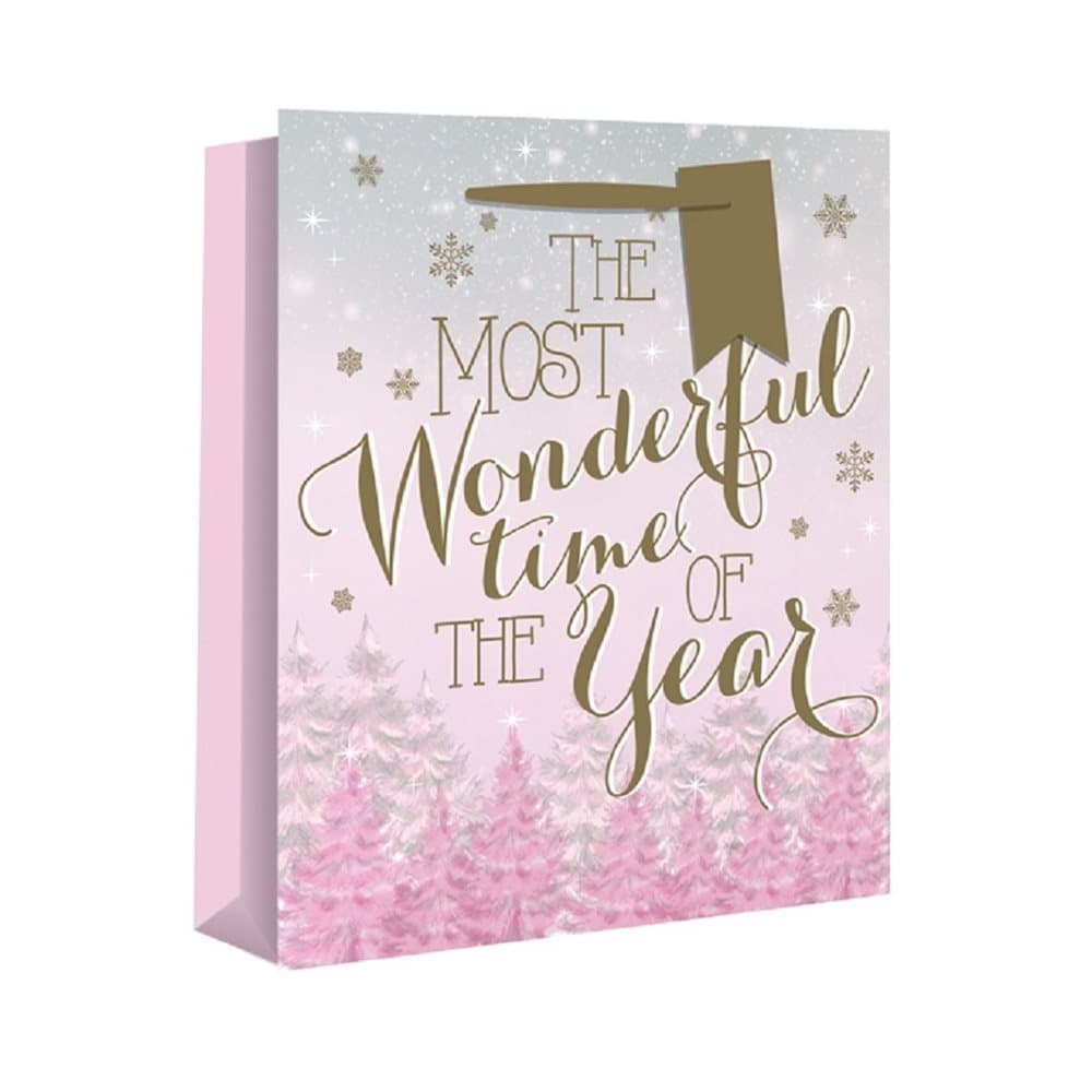 Eurowrap Wide Gusset Christmas Gift Bags with Wonderful Pink Design (Pack of 12)