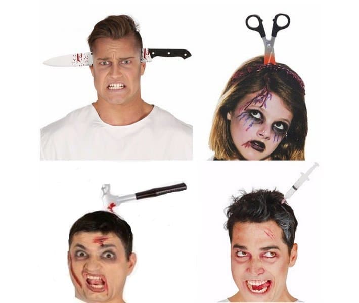 Halloween accessoarer, knivar etc genom huvudet m diadem