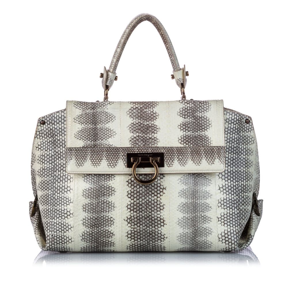 Ferragamo Python Leather Sofia Handbag White