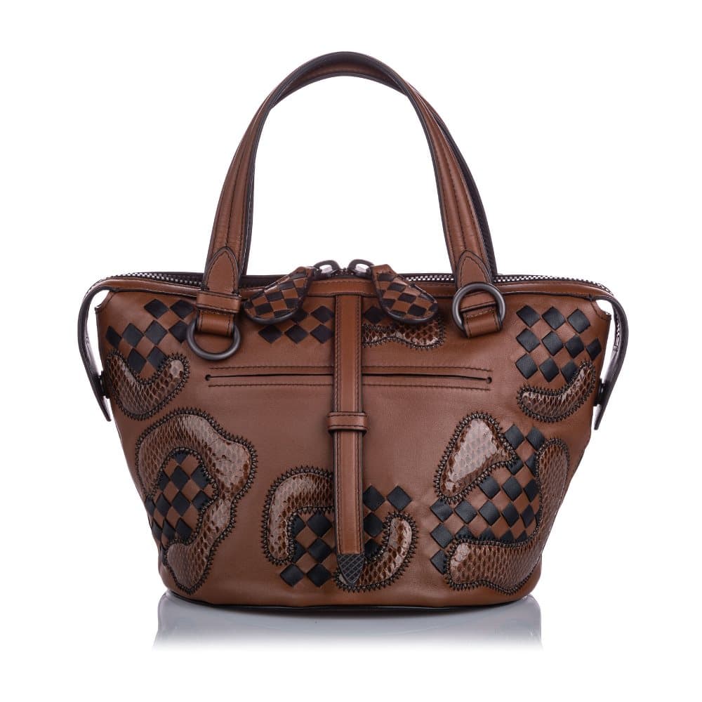 Bottega Veneta Paisley Checker Tambura Leather Satchel Brown