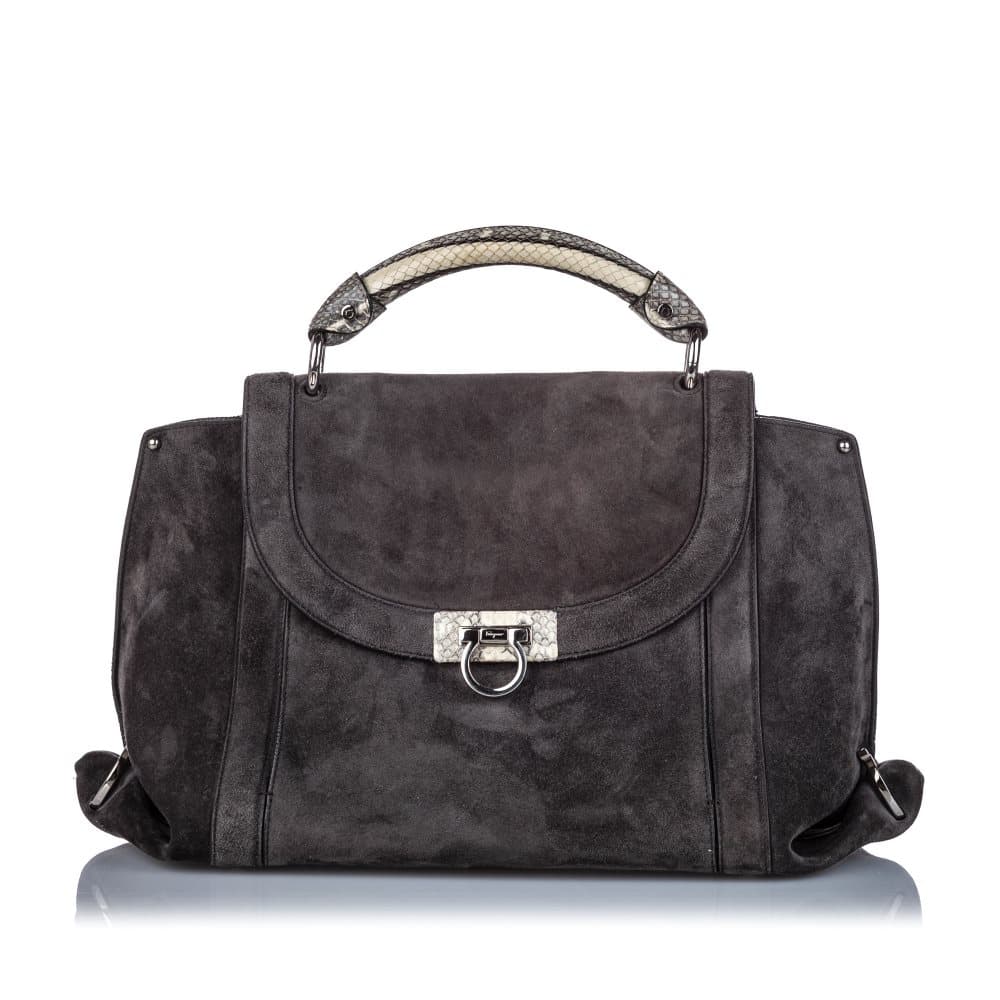 Ferragamo Python Trimmed Suede Sofia Satchel Gray