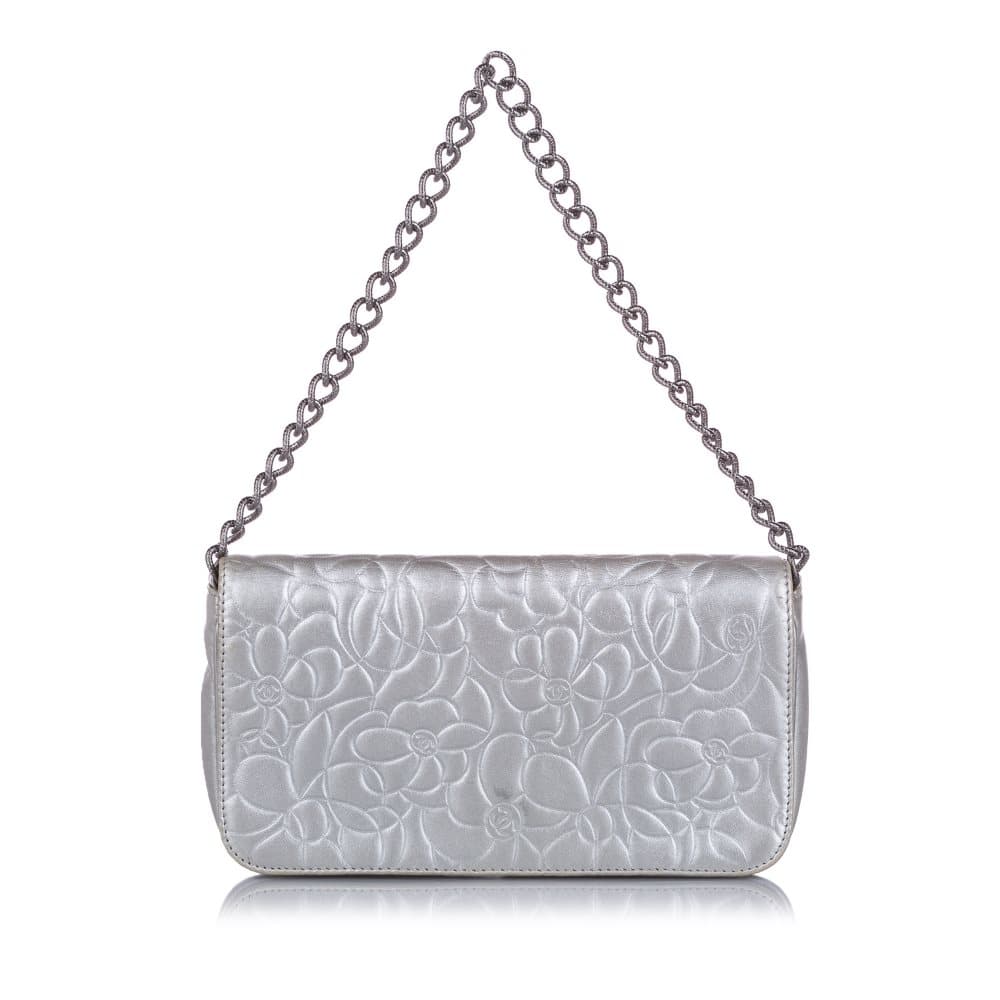 Chanel Camellia Lambskin Leather Handbag Silver