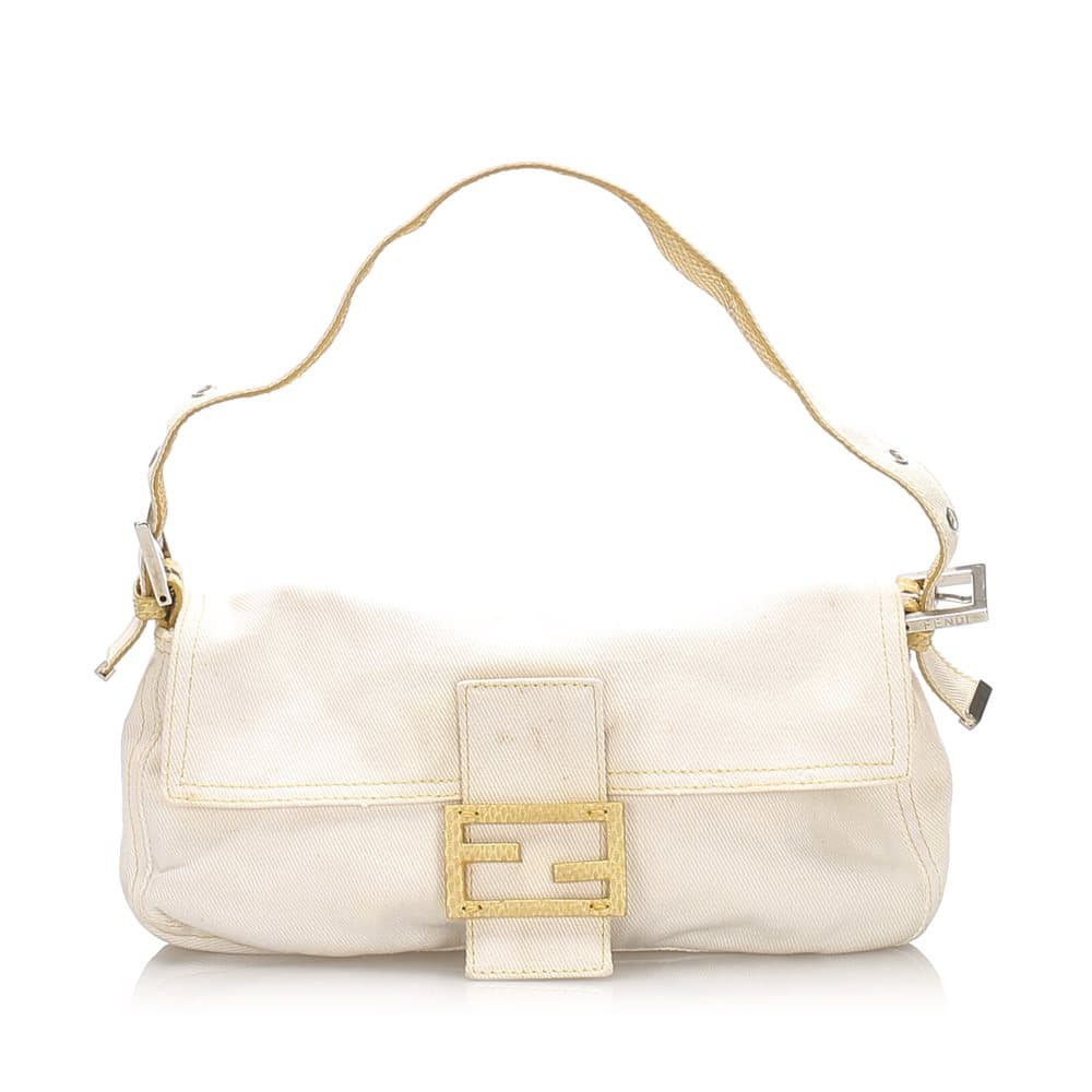 Pre-owned Fendi Python-Trimmed Canvas Mamma Baguette White