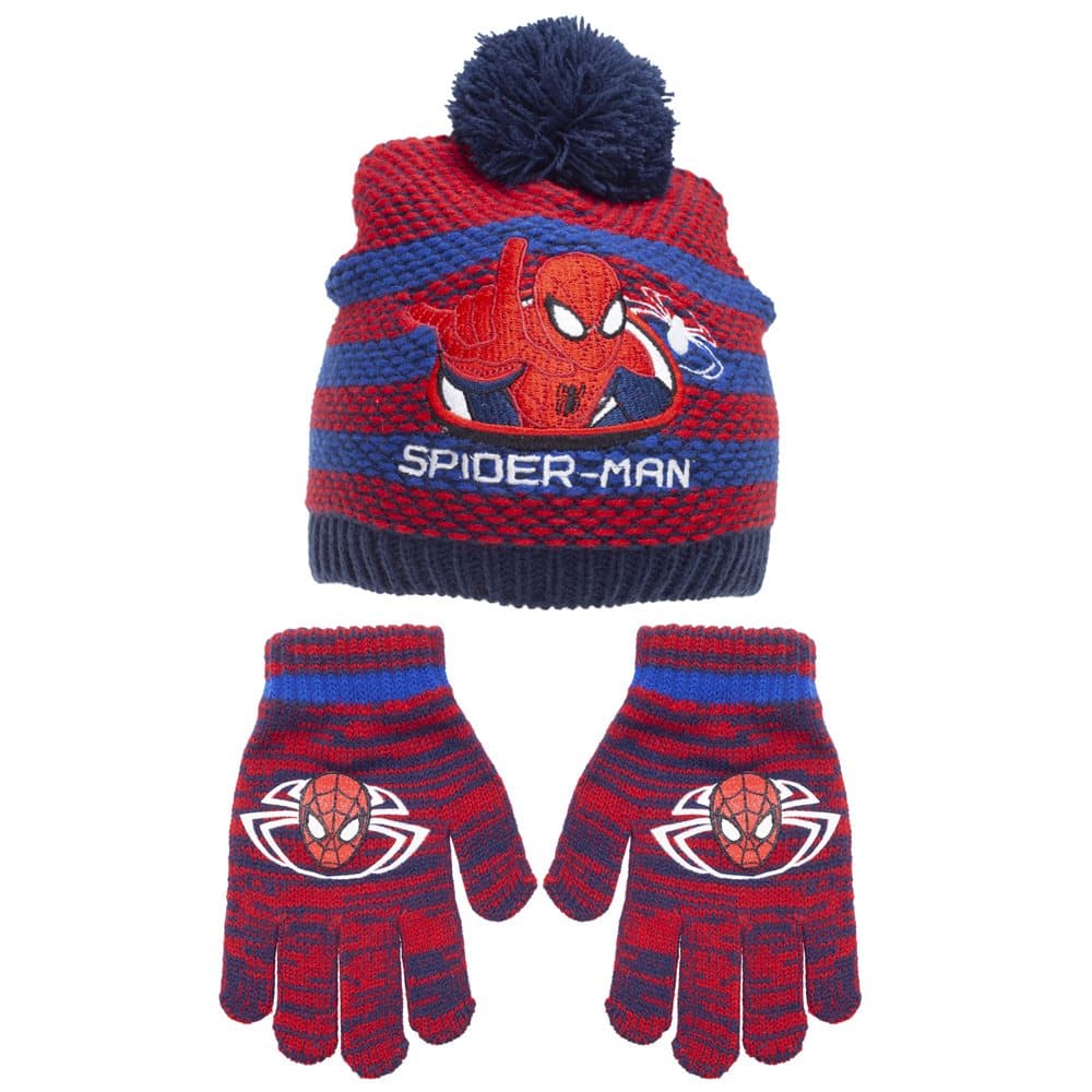 Spider-Man Childrens/Kids Striped Beanie Bobble Hat And Gloves Set