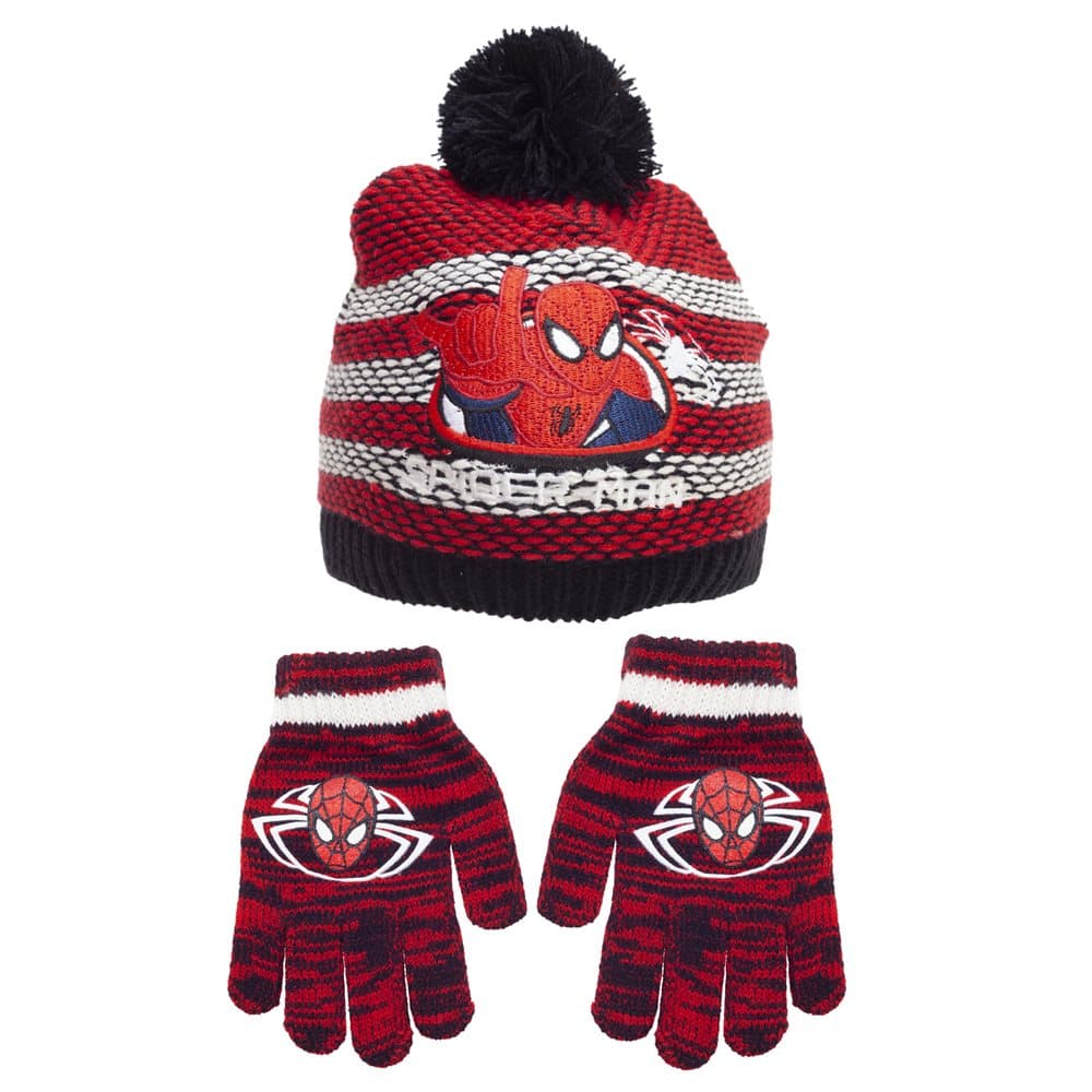 Spider-Man Childrens/Kids Striped Beanie Bobble Hat And Gloves Set