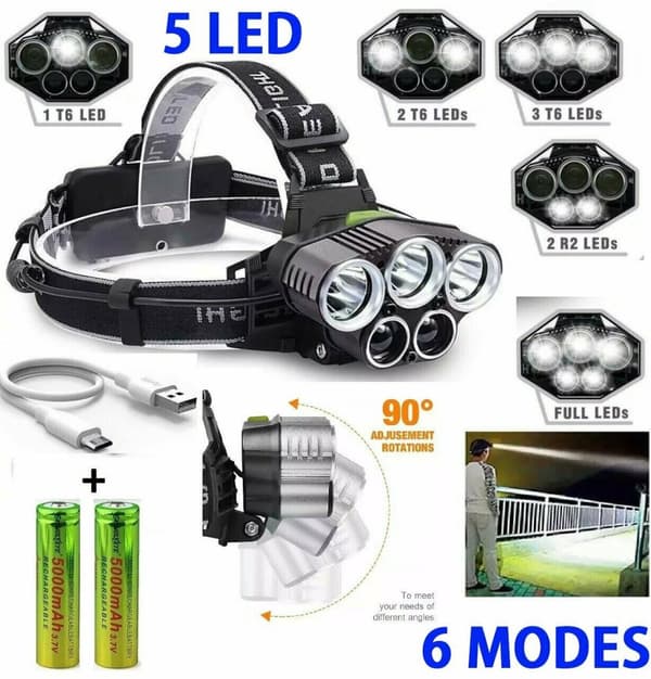 Superstark Pannlampa 5X T6 45000 Lumens Uppladdningsbar Utomhus Jakt