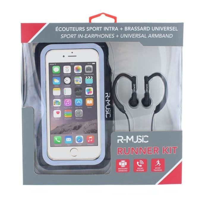 R-MUSIC Runner Kit - Langalliset korvakuulokkeet + Yleinen älypuhelimen käsivarsinauha - Musta