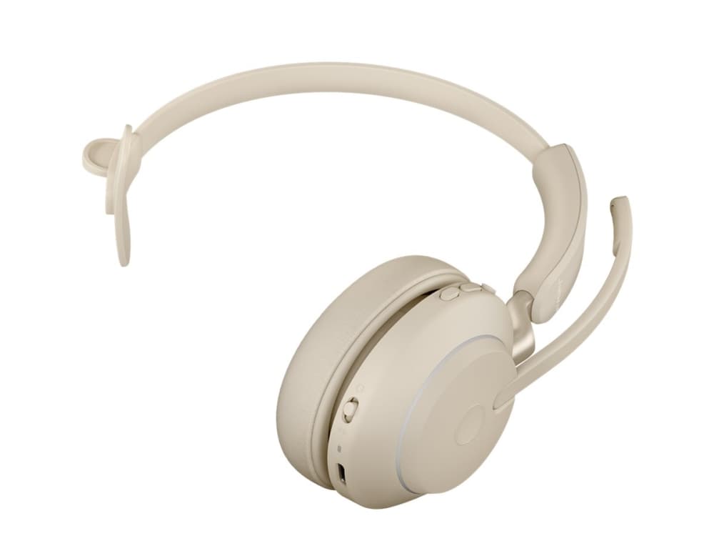 Jabra Evolve2 65 UC Mono - Hodesett - on-ear - konvertibel - Bluetooth - trådløs - USB-A - lydisolerende - beige - med ladestativ