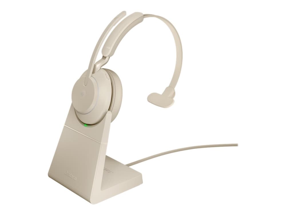 Jabra Evolve2 65 MS Mono - Hodesett - on-ear - konvertibel - Bluetooth - trådløs - USB-C - lydisolerende - beige - med ladestativ