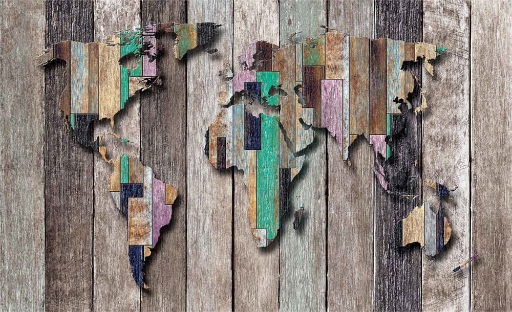 Fototapet World Map Wood Planks