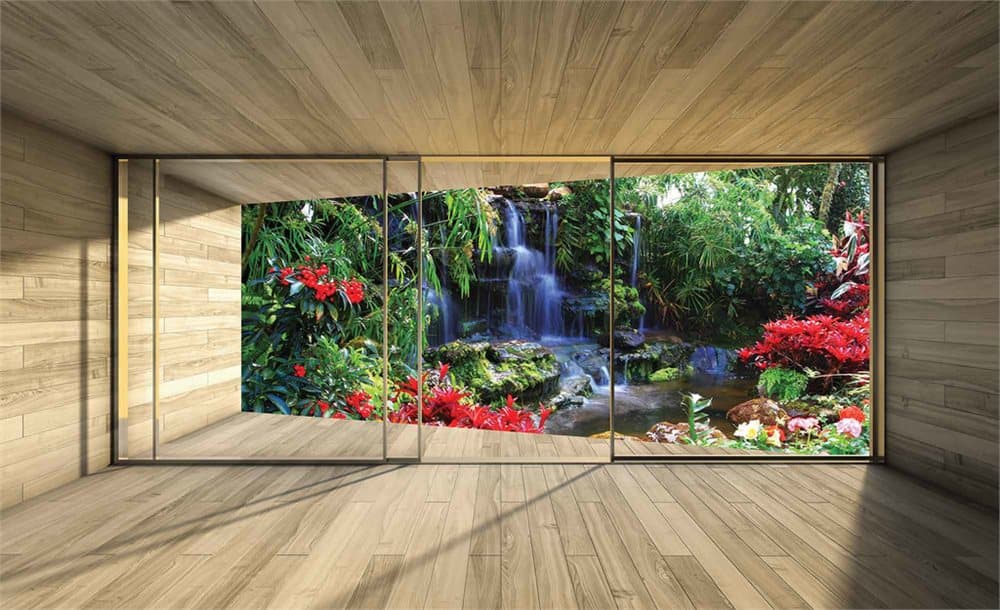 Fototapet Window Waterfall Forest Flowers Nature