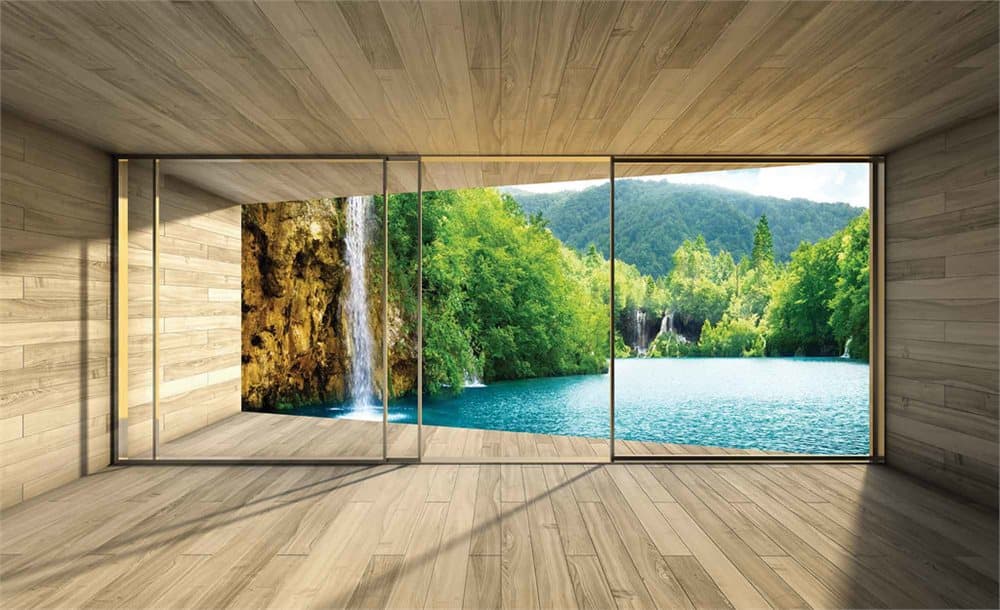 Fototapet Window Waterfall Lake Mountains Forest