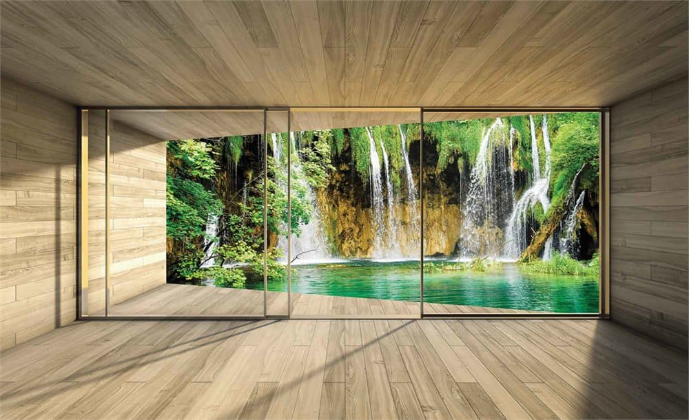 Fototapet Waterfall and Lake - View Through the Window