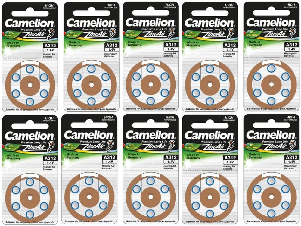 60 (10x6) Camelion Zinc-Air Hearing Aid Batteries 312, A312, PR41