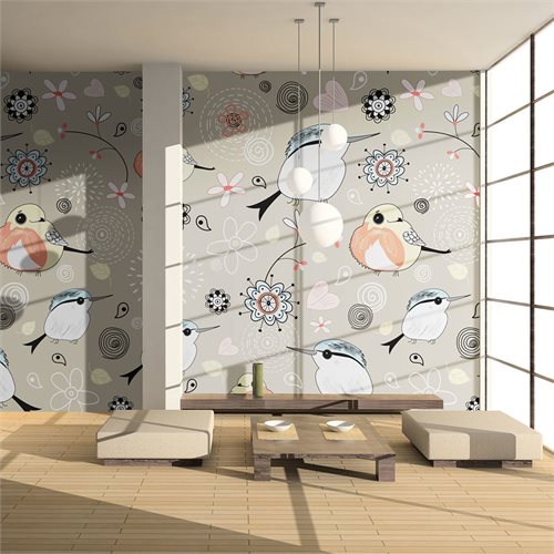 Bild av Fototapet - Naturlig mönster med fåglar (400 x 309 cm)