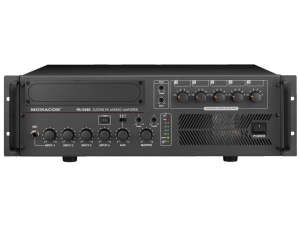 Monacor PA-5480, 5.0 kanaler, 680 W, 1%, 80 dB, 55 - 16000 hz, Klämplintar