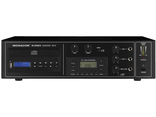 Monacor PA-890RCD, 3.0 kanaler, 80 W, 1%, 52 dB, 55 - 15000 hz, Klämplintar