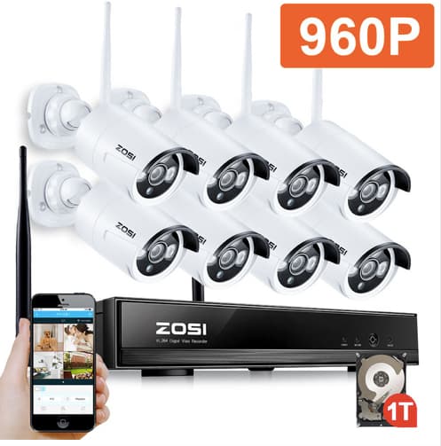 Zosi Overvågning pakke 8x trådløse IP-kameraer 960p vandtæt + 1TB HDD