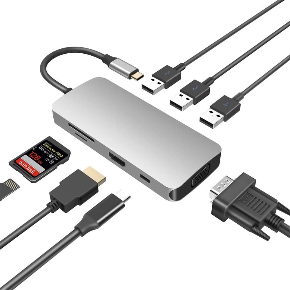 8 in 1 USB-C Hub to HDMI+VGA+3*USB3.0+SD&TF card Reader+PD