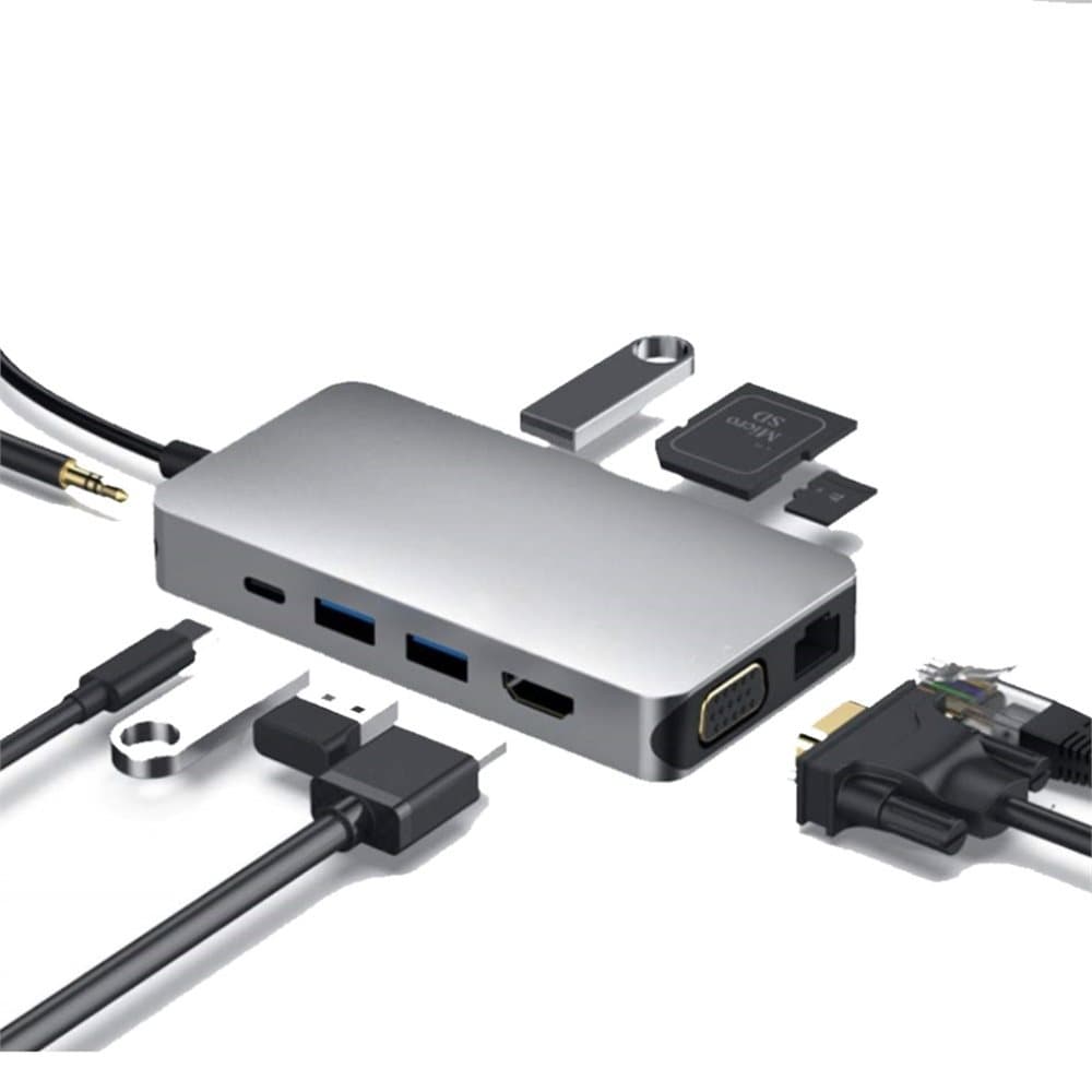 10 in 1 USB-C Hub to HDMI+VGA+3*USB3.0+SD/TF+ RJ45+Audio+PD