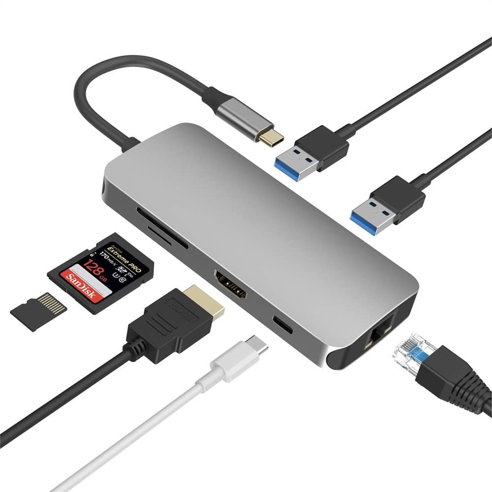 7 in 1 USB-C Hub to HDMI+RJ45+USB3.0+SD/TF Card Reader+PD