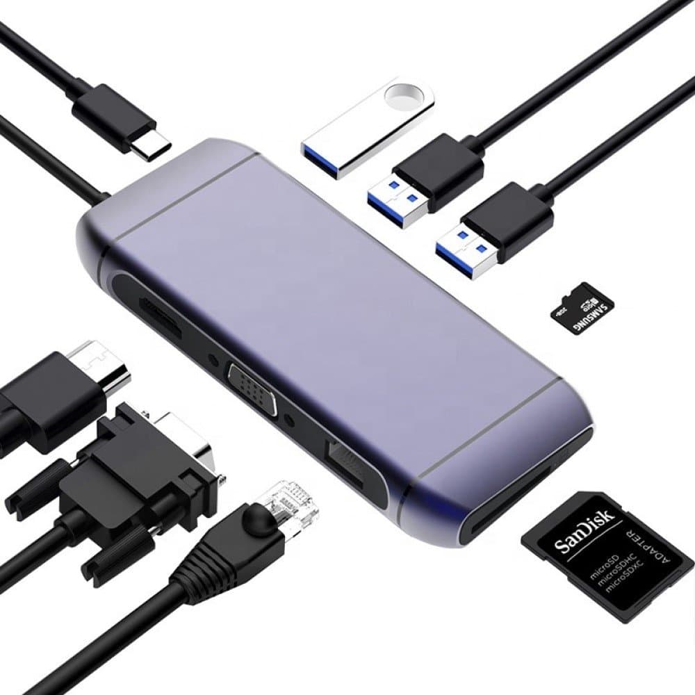 USB-C-hub med USB3.0, 4K HDMI, VGA, RJ45, SD, TF, USB-C PD