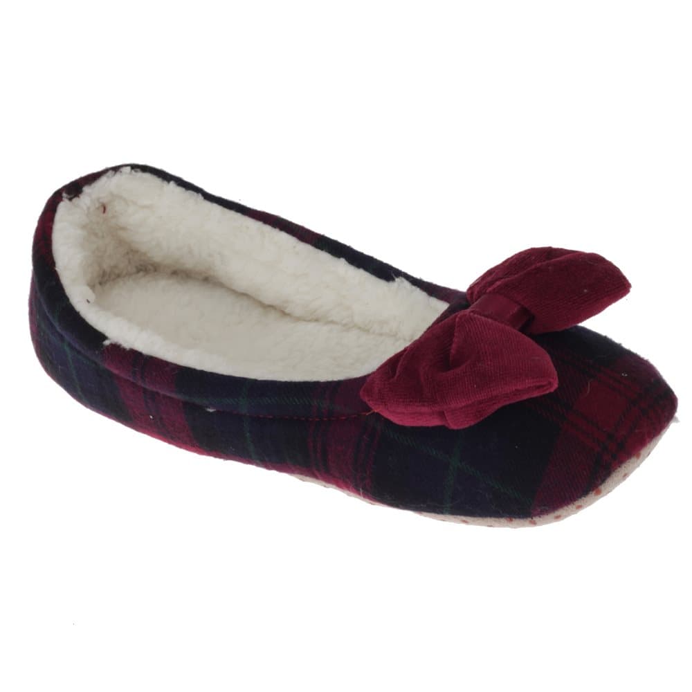 SlumberzzZ Womens/Ladies Tartan Slippers With Fleece Interior And Bow Tie