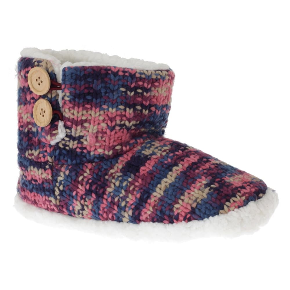 SlumberzzZ Womens/Ladies Knit Patterned Fleece Lined Boot Slippers With Rubber Sole