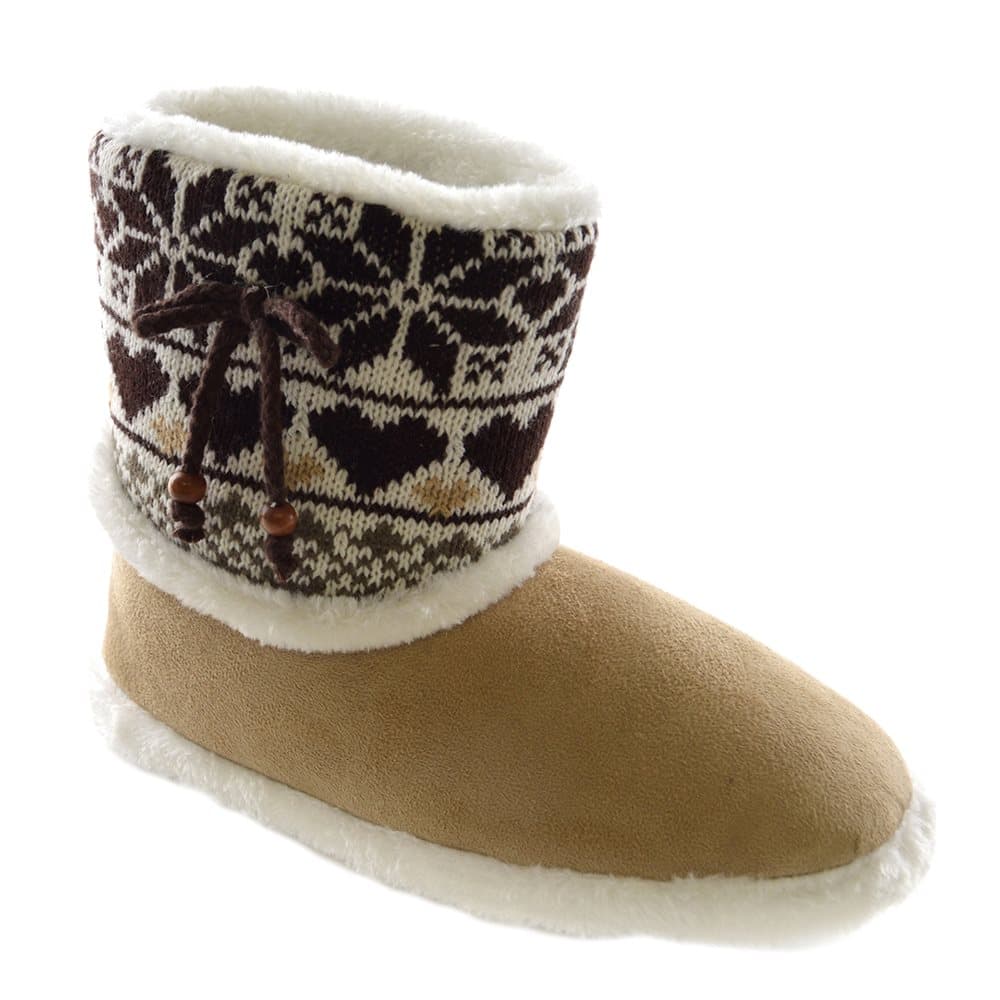 Womens/Ladies Knitted Fairisle Heart Panel Slipper Boots