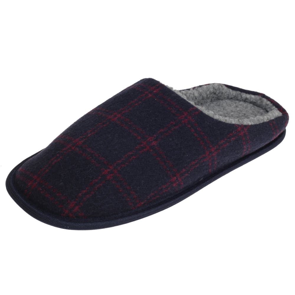 SlumberzzZ Mens Fleece Lined Tartan Slippers With Rubber Sole