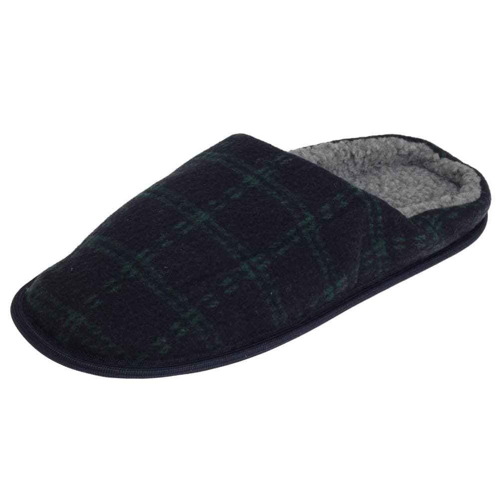 SlumberzzZ Mens Fleece Lined Tartan Slippers With Rubber Sole