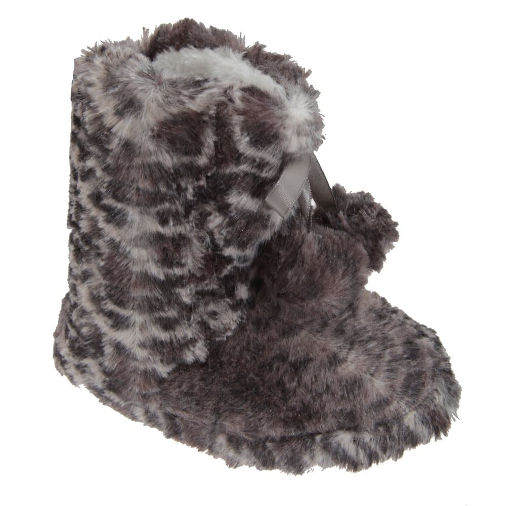 Flickor Leopard Print Boot Tofflor med rosett och Pom-Poms
