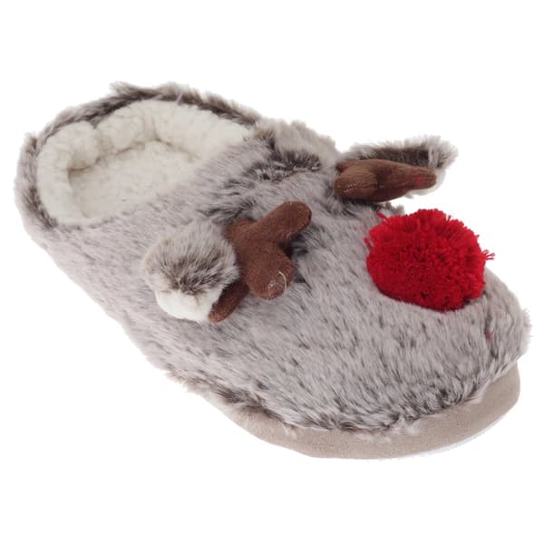 SlumberzzZ Womens/Ladies Fleece Lined Reindeer Slippers With Rubber Sole