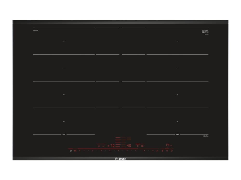 Bosch Serie 8 PXY875DE3E - Induksjonskomfyrtopp - 4 plater - Nisje - bredde: 75 cm - dybde: 49 cm - svart / rustfritt stål - med sidepynt av rustfrit