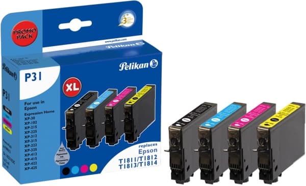 Pelikan P31, Pigmentbaserat bläck, Svart, Cyan, Magenta, Gul, Epson, Multi pack, Expression Home XP-102, 215, 225, 312, 315, 322, 12 ml