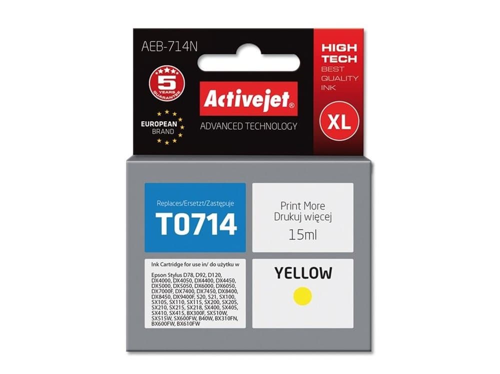 Activejet AEB-714N, Compatible, Pigmentbaserat bläck, Gul, Epson, Epson Stylus: D78, D92, D120, DX4000, DX4050, DX4400, DX4450, DX5000, DX5050, DX600