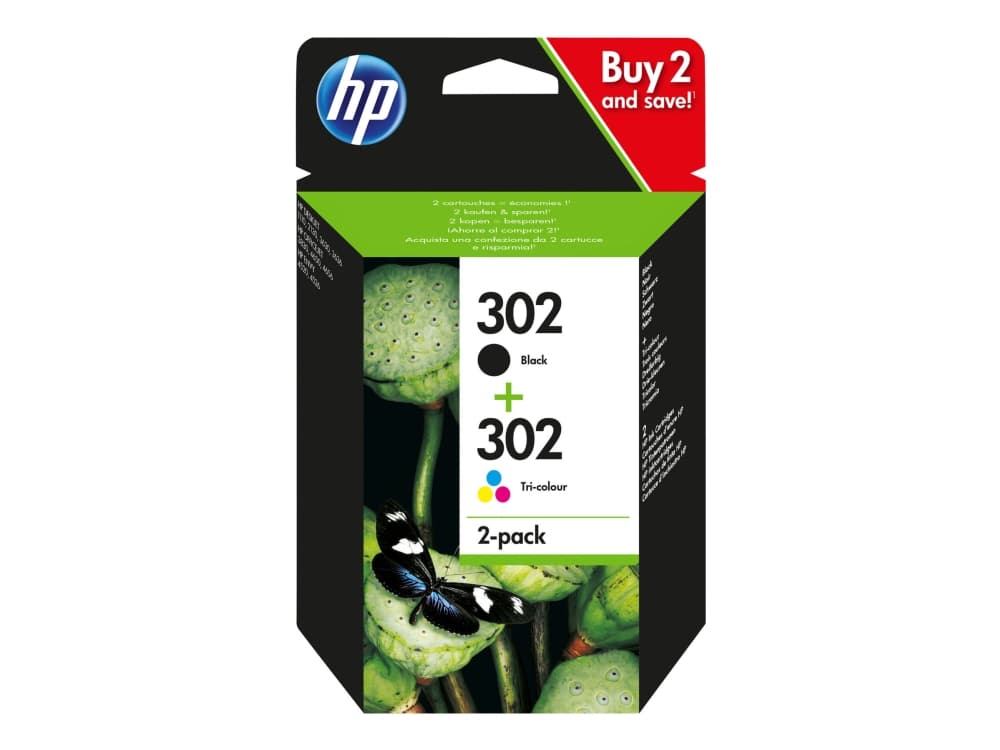 HP 302 - 2-pack - svart, färg (cyan, magenta, gul) - original - bläckpatron - för Deskjet 11XX, 21XX, 36XX; Envy 451X, 452X; Officejet 38XX, 46XX, 52