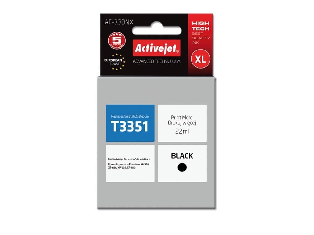Activejet AE-33BNX, Compatible, Pigmentbaserat bläck, Svart, Epson, Epson Expression Premium: XP-530, XP-540, XP-630, XP-635, XP-640, XP-645, XP-830,