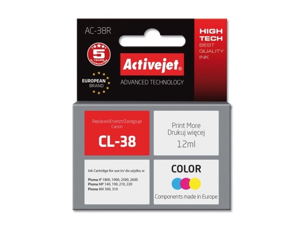 Activejet AC-38R, Compatible, Pigmentbaserat bläck, Cyan, Magenta, Gul, Canon, Canon PIXMA: iP1800, iP1900, iP2500, iP2600, MP140, MP190, MP210, MP22