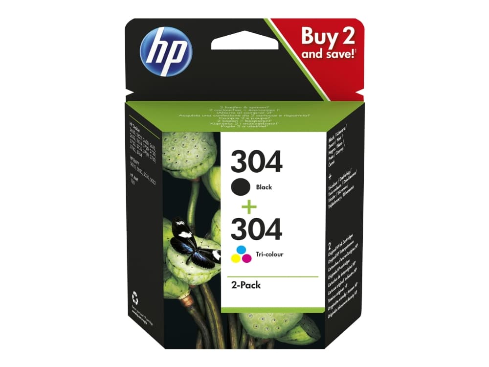 HP 304 Combo Pack - 2-pack - svart, farge (cyan, magenta, gul) - original - blekkpatron - for AMP 130; Deskjet 26XX, 37XX; Envy 50XX