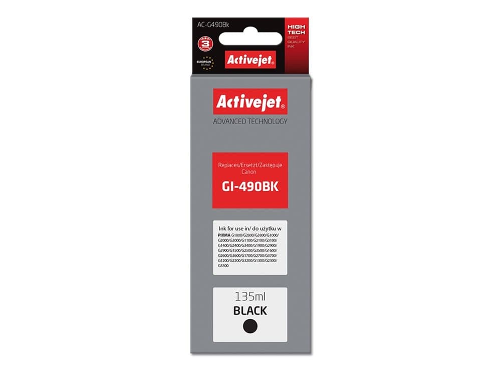 Activejet AC-G490Bk, Kompatibel, Färgbaserat bläck, Svart, Canon, Canon PIXMA: G1800, G2800, G3800, G1000, G2000, G3000, G1100, G2100, G3100, G1400,