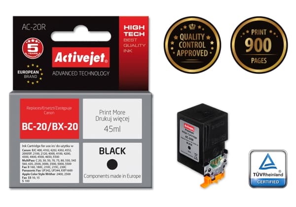 Activejet AC-20R, Compatible, Pigmentbaserat bläck, Svart, Canon, Canon BJC: 400, 410J, 420J, 430J, 455J. Canon Series: 2000SP, 2100, 2100SP, 2115, 2
