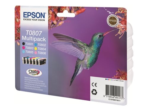 Bild av Epson T0807 Multipack - 6-pack - 44.4 ml - svart, gul, cyan, magenta, ljus magenta, ljus cyan - original - blister - bläckpatron - för Stylus Photo P