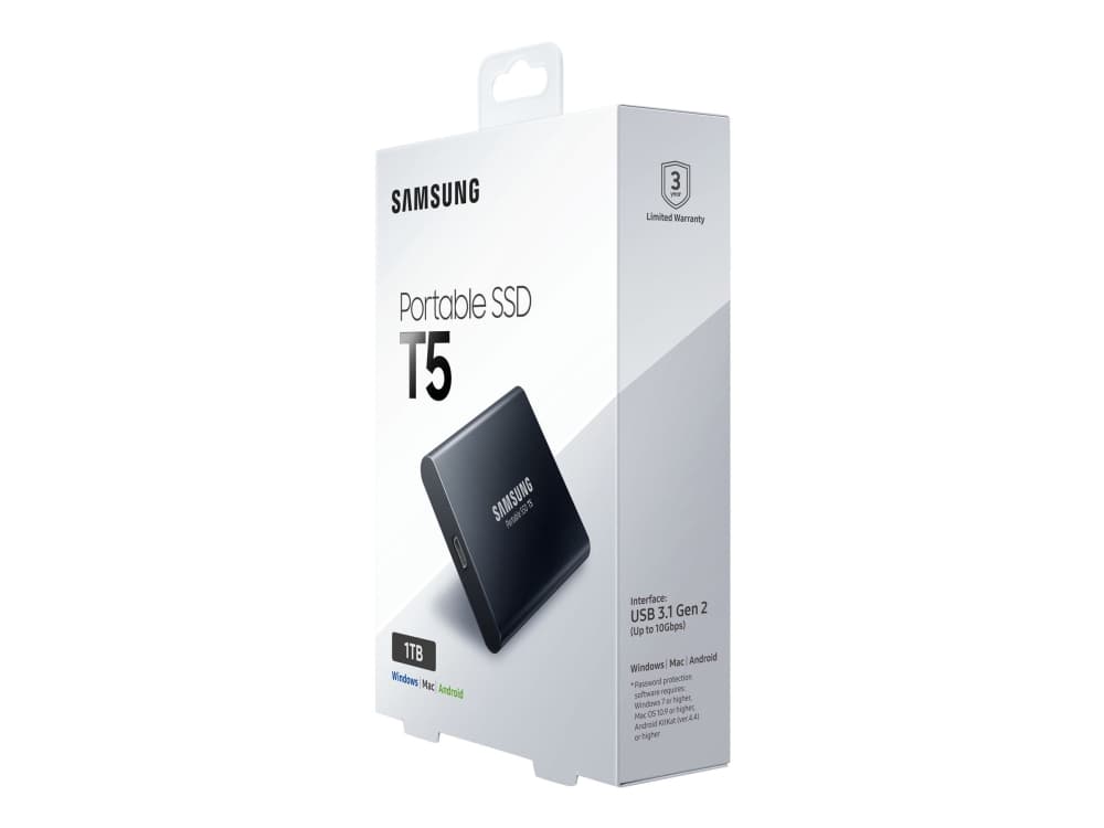 Samsung Portable SSD T5 MU-PA1T0 - Solid State Drive - kryptert - 1 TB - ekstern (bærbar) - USB 3.1 Gen 2 (USB-C kontakt) - 256-bit AES - mørkesvart