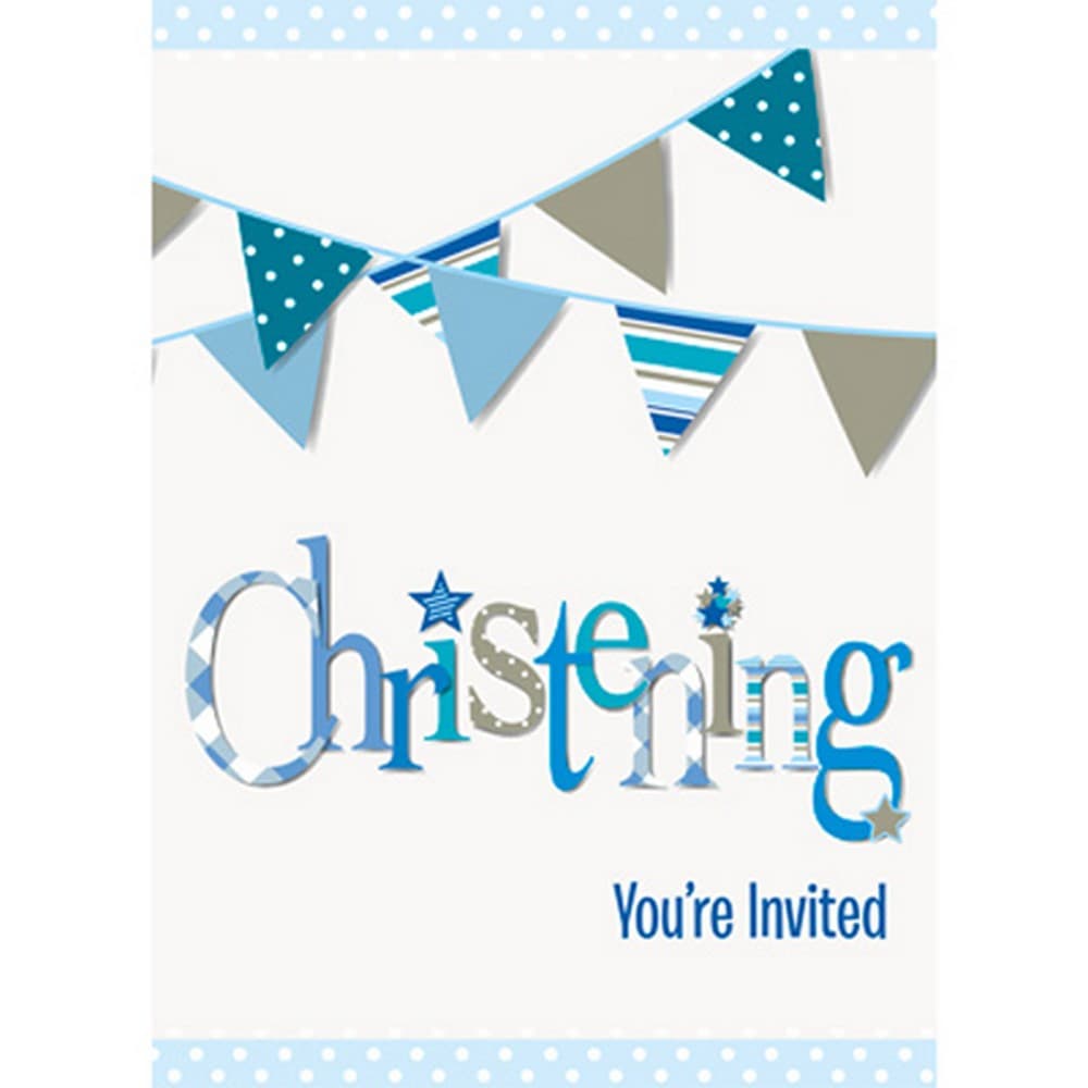 Unique Party Bunting Christening Invitation Cards (Pack Of 8)