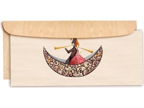 Cozywood DL wooden pass with a wooden envelope. Wedding boat